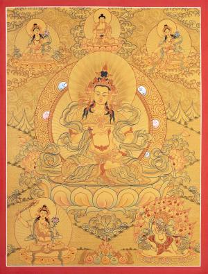 Full Gold Hand-Painted Vajrasattva with White Tara, Shakyamuni Buddha, Green Tara, Manjushri, and Vajrapani | Divine Wisdom